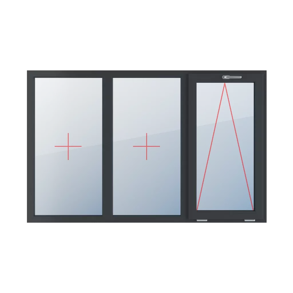 Festverglasung im Rahmen, oben mit einem Griff angelenkt fenster fenstertypen dreifluegelige-fenster symmetrische-horizontale-teilung-33-33-33  