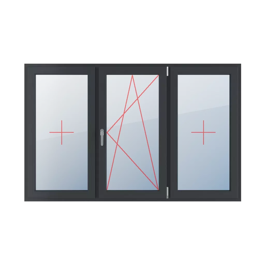 Festverglasung im Flügel, Dreh-Kipp-Verglasung rechts, Festverglasung im Flügel fenster fenstertypen dreifluegelige-fenster symmetrische-horizontale-teilung-33-33-33  