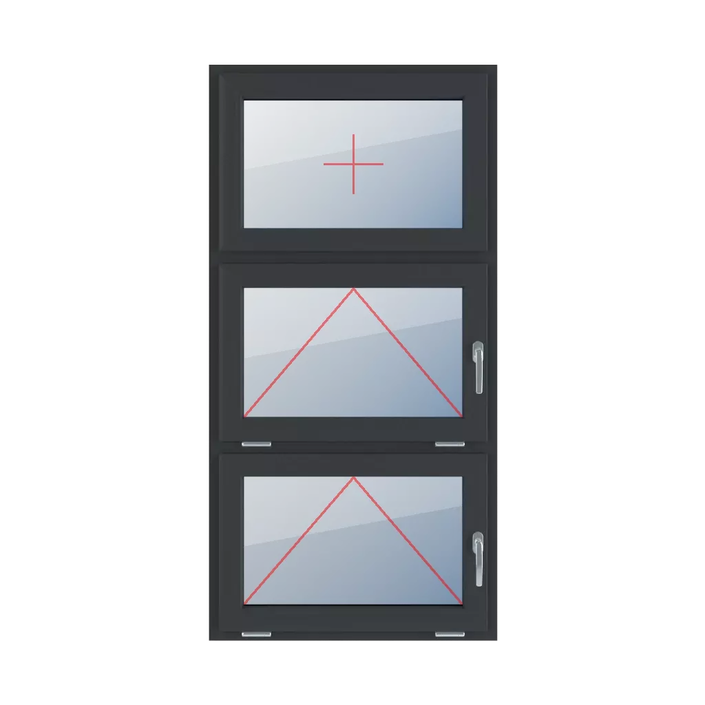 Festverglasung im Flügel, Ausstellverglasung mit Griff rechts, Ausstellverglasung mit Griff rechts fenster fenstertypen dreifluegelige-fenster symmetrische-vertikale-teilung-33-33-33  